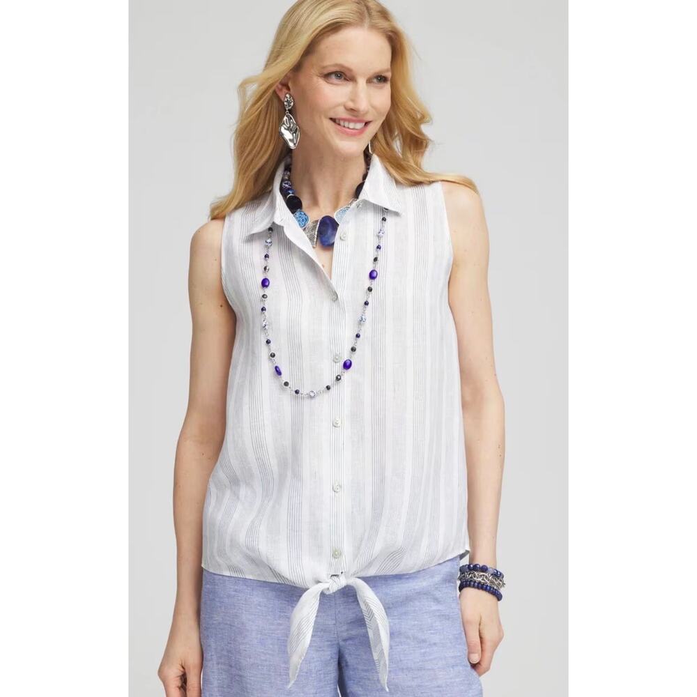 Chico's No Iron 100% Linen Tie-Front Sleeveless Shirt Size 8